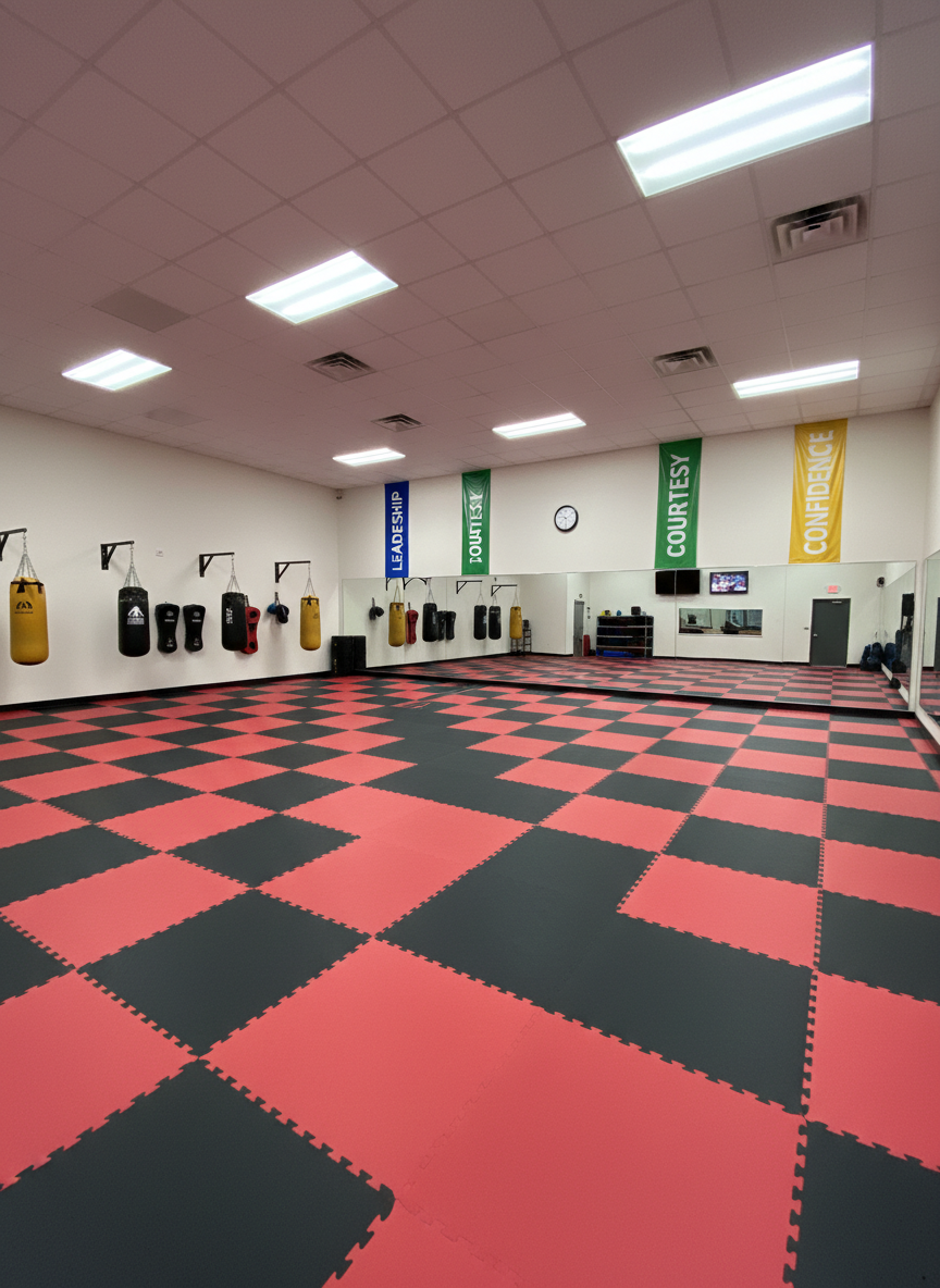 A wide, panoramic view of a bright, spacious martial arts training floor in Gallatin, TN, featuring a seamless expanse of clean, red-and-black puzzle mats extending toward mirrored walls. Along one side, heavy bags and padded targets are neatly aligned, while the opposite wall showcases colorful banners reading “Leadership,” “Courtesy,” and “Confidence.” Overhead LED lighting casts even, shadow-free illumination, enhancing the clarity of every surface and creating a professional, high-end feel. Photographed at a slightly elevated corner angle using a wide lens for photographic realism, the composition conveys the large 4500-square-foot space as safe, organized, and purpose-built for family-focused after-school and homeschooling programs.