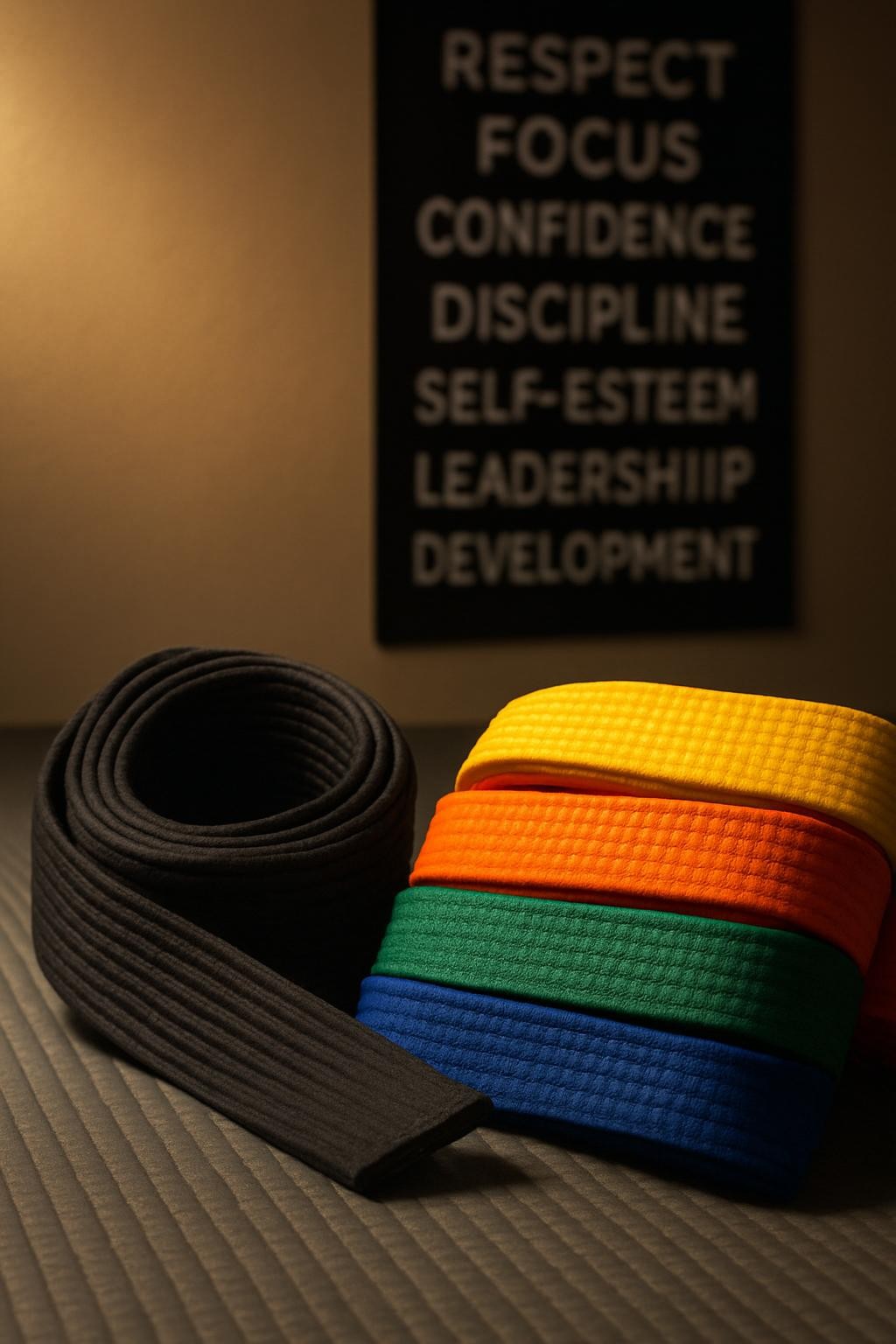 A close-up, cinematic shot of a martial arts black belt coiled beside vibrant youth belts—yellow, orange, green, and blue—resting on a softly textured gray mat. Each belt’s stitching and fabric weave is rendered with crisp detail, symbolizing progress in discipline and self-esteem. In the blurred background, a wall-mounted poster lists key life skills such as respect, focus, and leadership development. Warm, directional studio lighting from the side creates rich contrast and subtle highlights along the belt edges, with a shallow depth of field producing gentle bokeh. The photographic realism and centered composition evoke a proud, aspirational atmosphere aligned with a professional family martial arts program.
